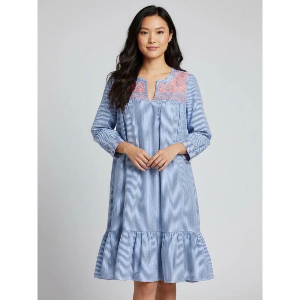 J.Crew Dress Leda Embroidered Striped Ruffle Hem Popover Blue Women sz Medium
